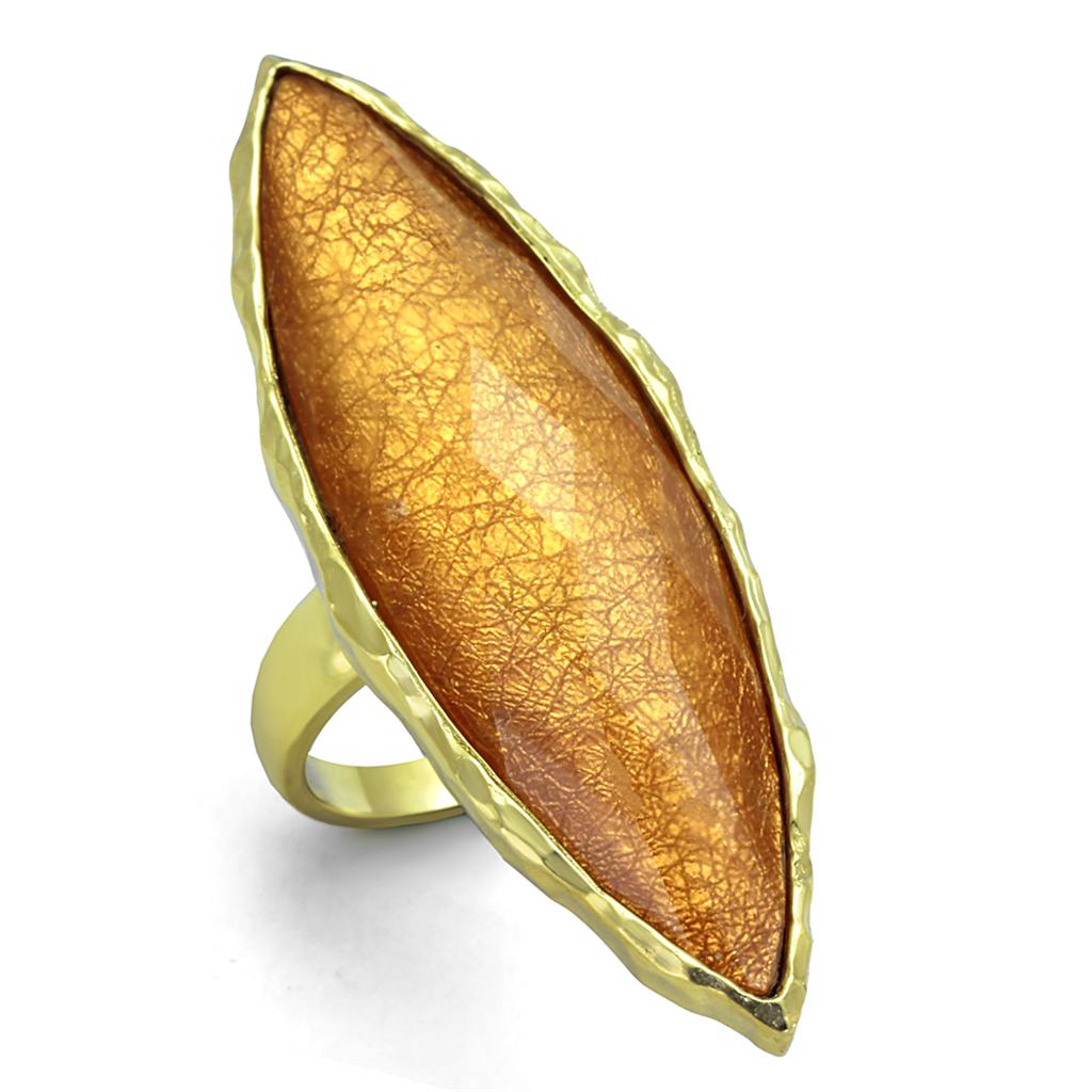 VL120 IP Gold Stainless Steel Ring featuring a vibrant synthetic orange stone, showcasing its elegant design and luxurious finish.