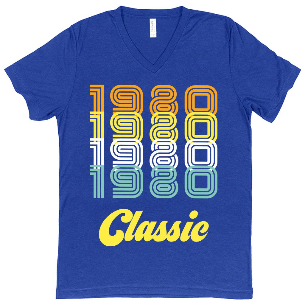 V-Neck 1980 Classic T-Shirt in various colors, showcasing its soft fabric and stylish design.