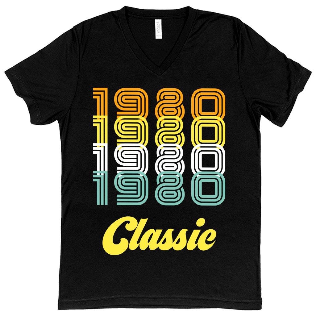 V-Neck 1980 Classic T-Shirt in various colors, showcasing its soft fabric and stylish design.