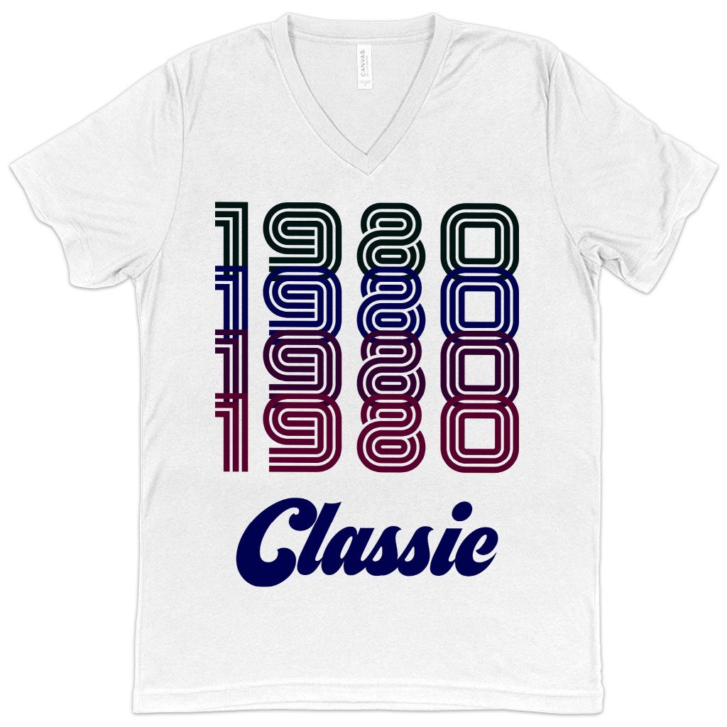 V-Neck 1980 Classic T-Shirt in various colors, showcasing its soft fabric and stylish design.