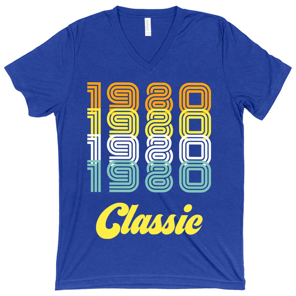 V-Neck 1980 Classic T-Shirt in various colors, showcasing its soft fabric and stylish design.