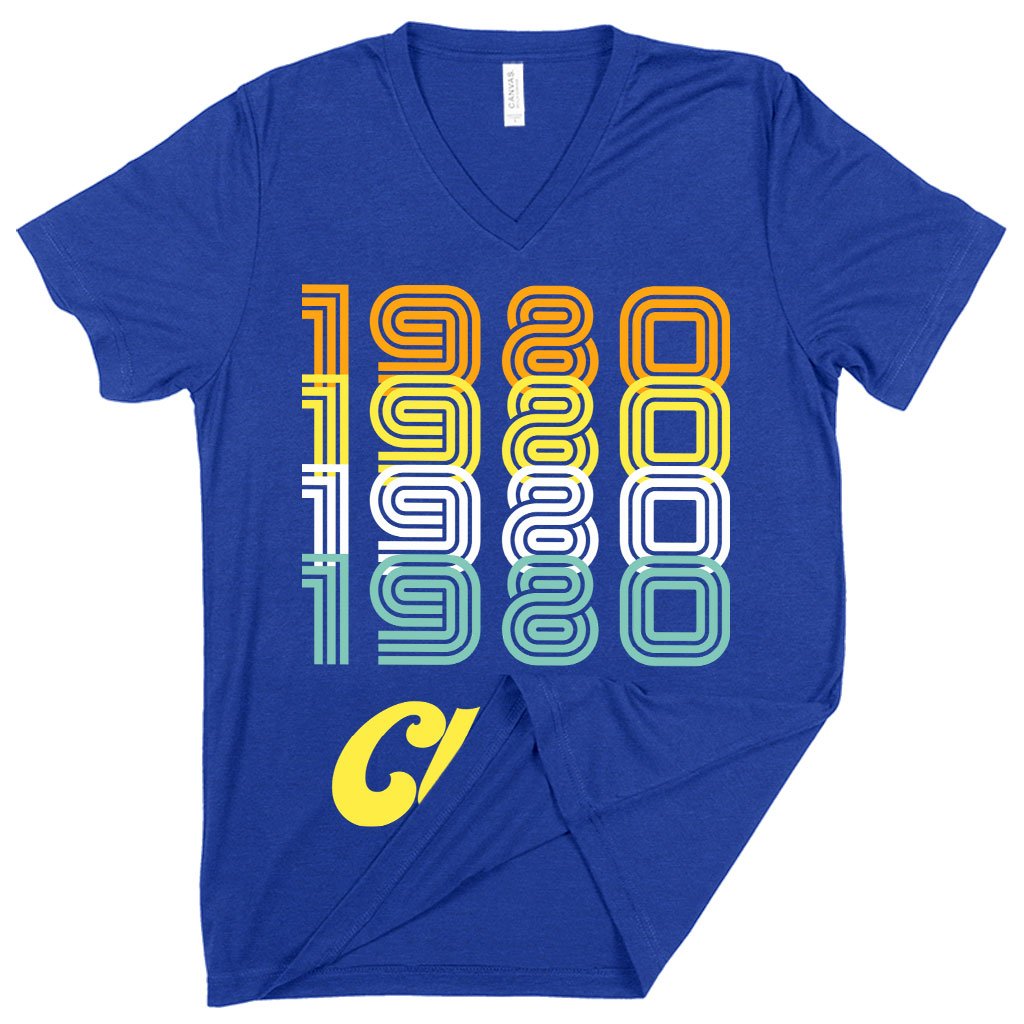 V-Neck 1980 Classic T-Shirt in various colors, showcasing its soft fabric and stylish design.