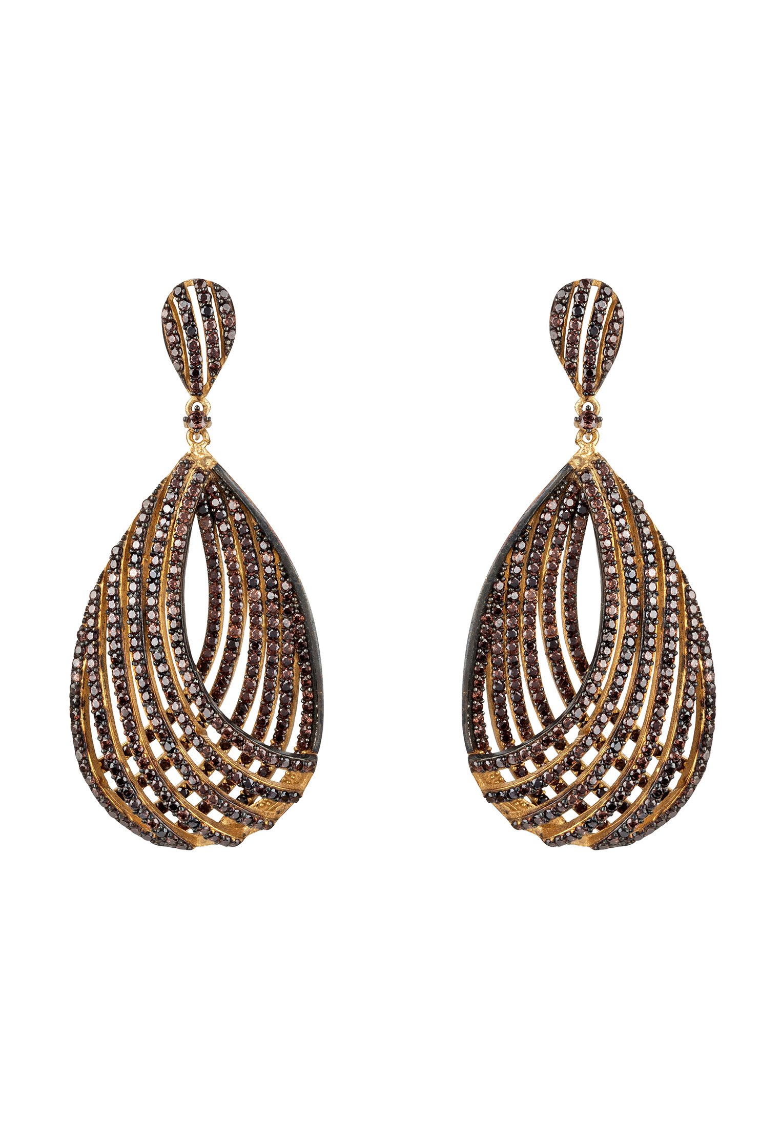 Elegant Vortex Teardrop Earrings in Chocolate CZ, handcrafted in sterling silver with intricate design and sparkling cubic zirconia.