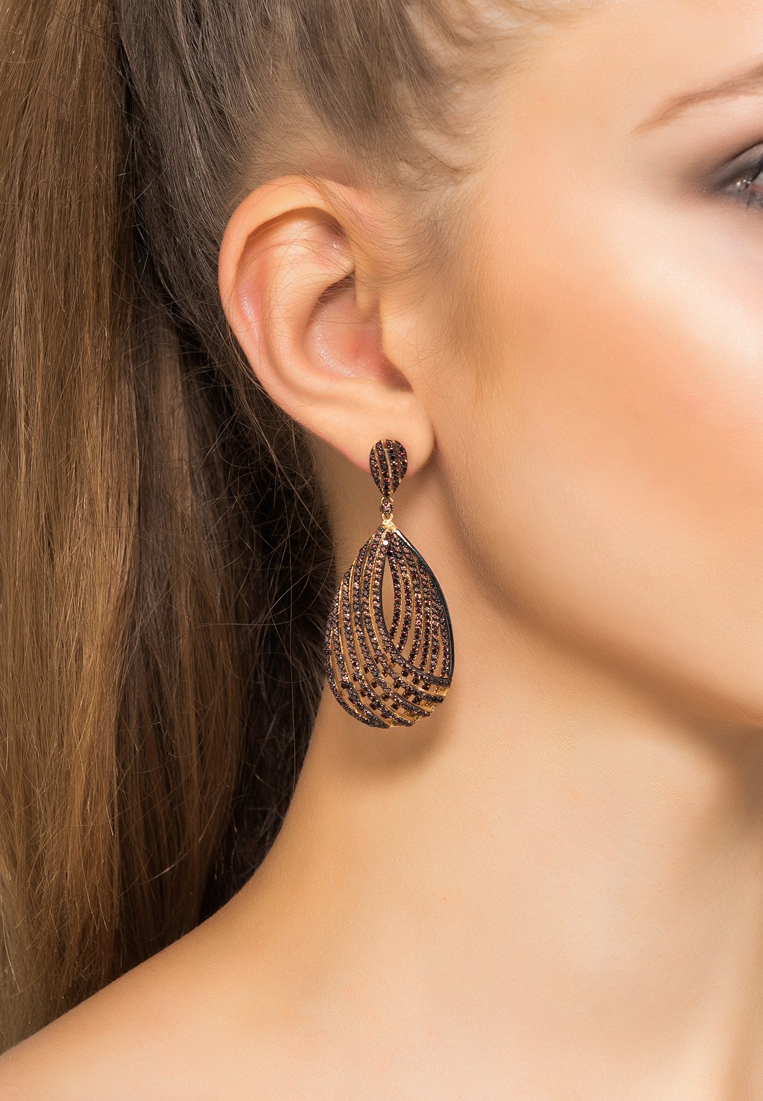 Elegant Vortex Teardrop Earrings in Chocolate CZ, handcrafted in sterling silver with intricate design and sparkling cubic zirconia.