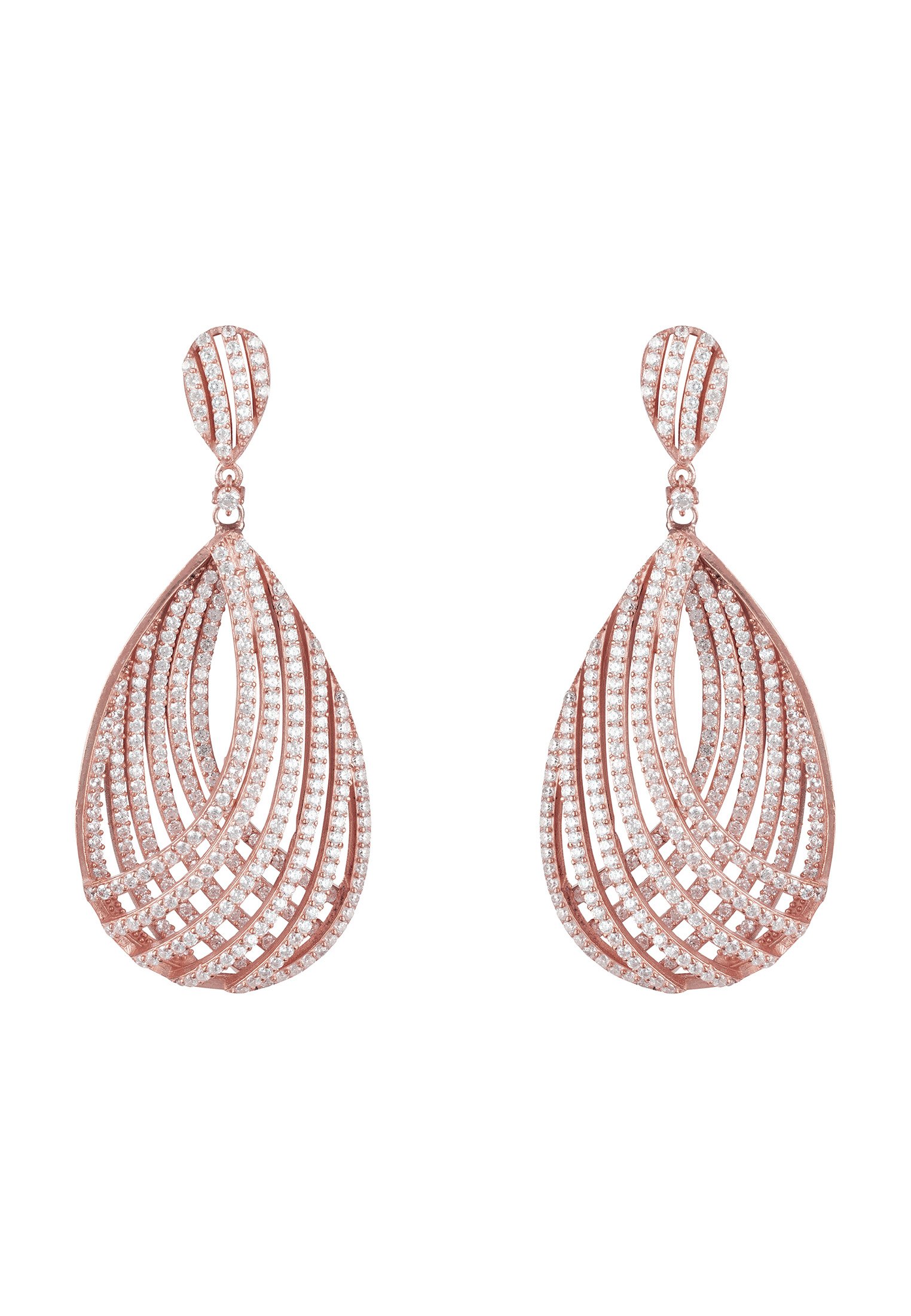 Elegant Vortex Teardrop Earrings in Rosegold, handcrafted from sterling silver with sparkling zirconia details.