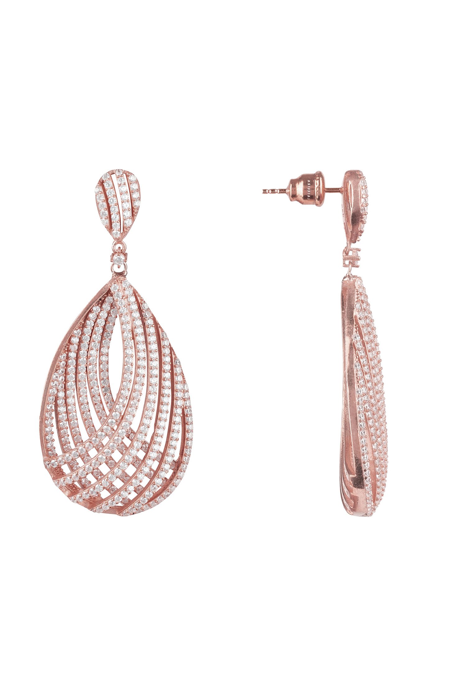 Elegant Vortex Teardrop Earrings in Rosegold, handcrafted from sterling silver with sparkling zirconia details.