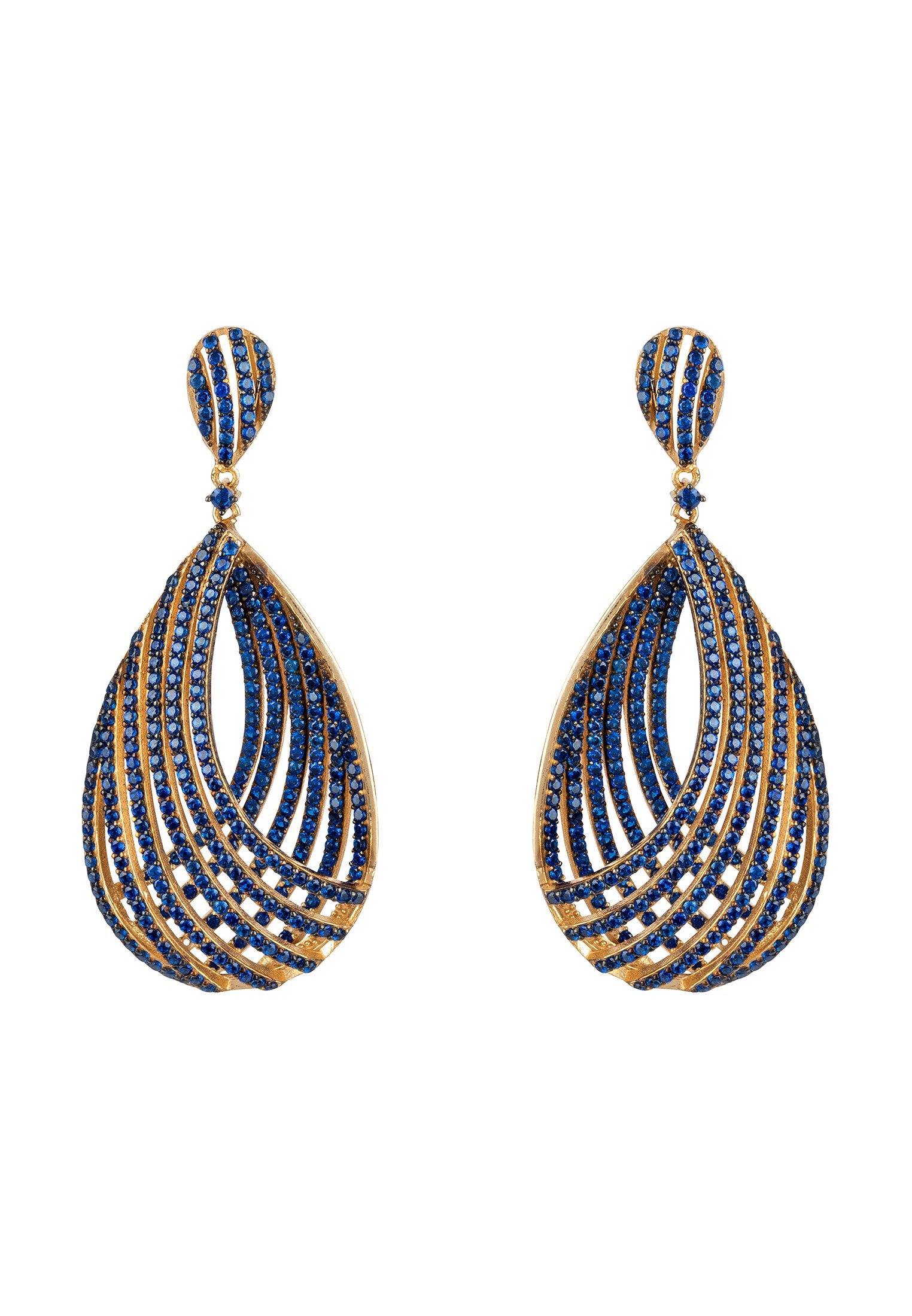 Elegant Vortex Teardrop Earrings in Sapphire Blue Cz Gold, featuring intricate design and sparkling zircon details.