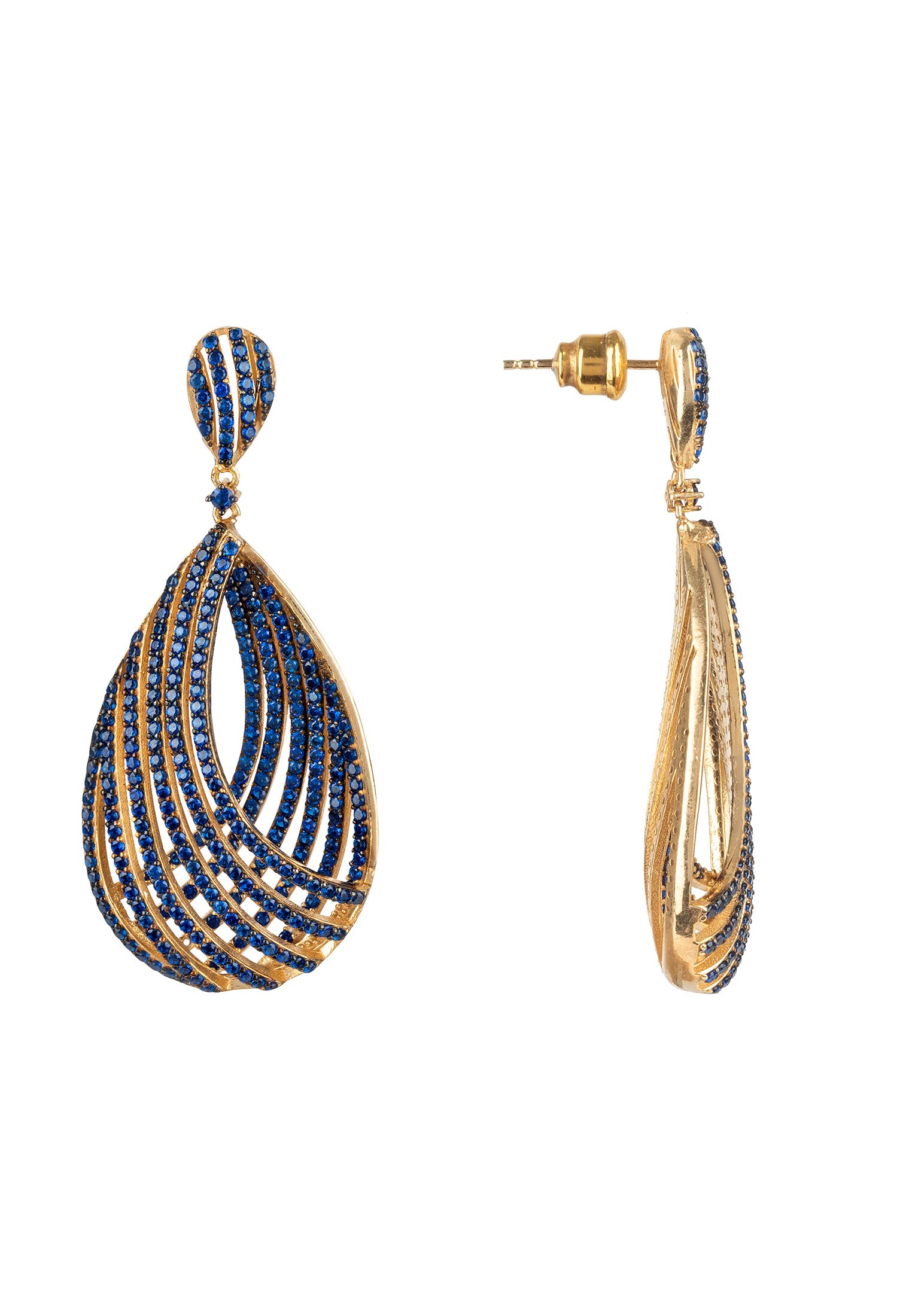 Elegant Vortex Teardrop Earrings in Sapphire Blue Cz Gold, featuring intricate design and sparkling zircon details.