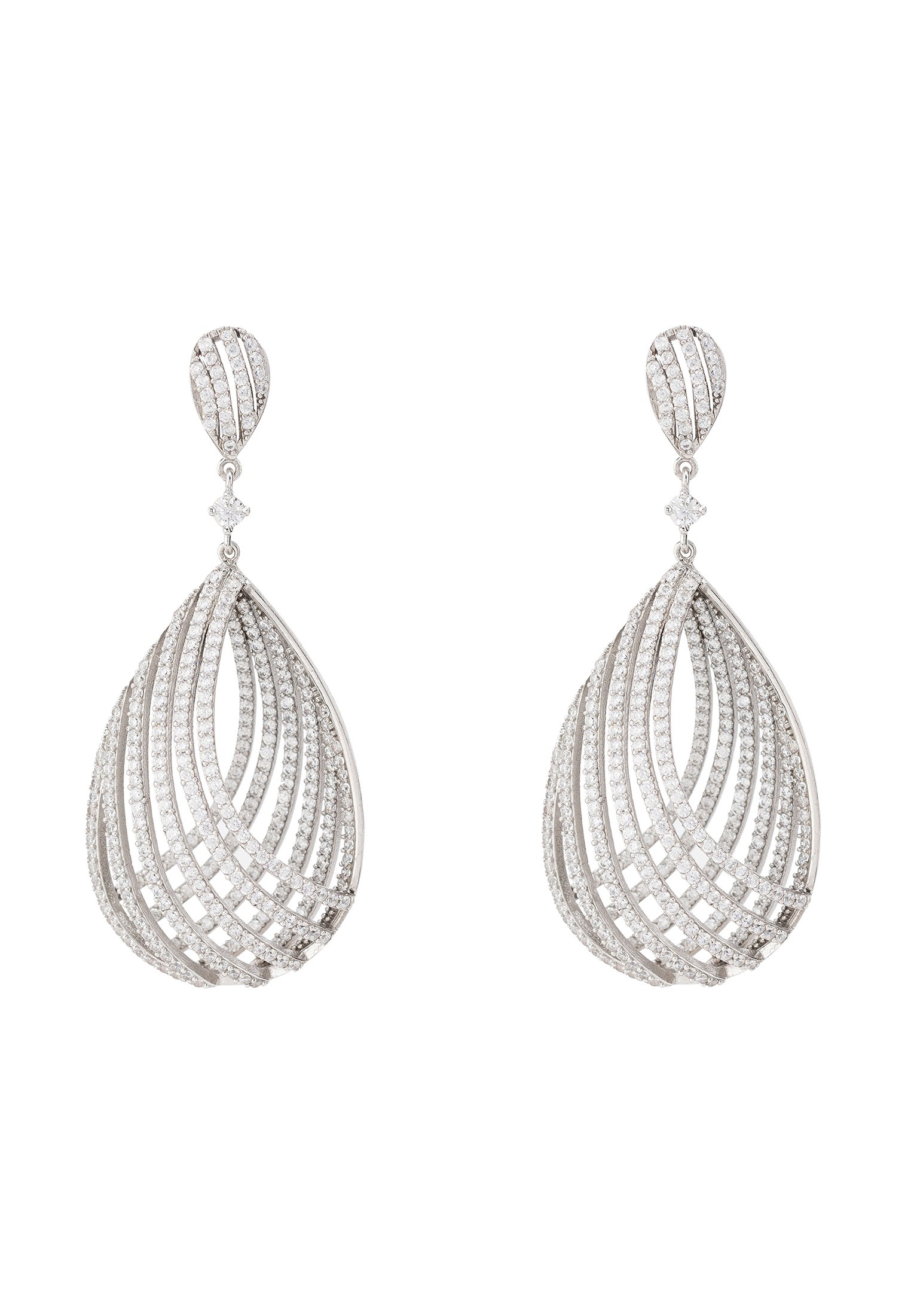 Elegant Vortex Teardrop Earrings in Silver with intricate design and sparkling zirconia detailing, perfect for special occasions.