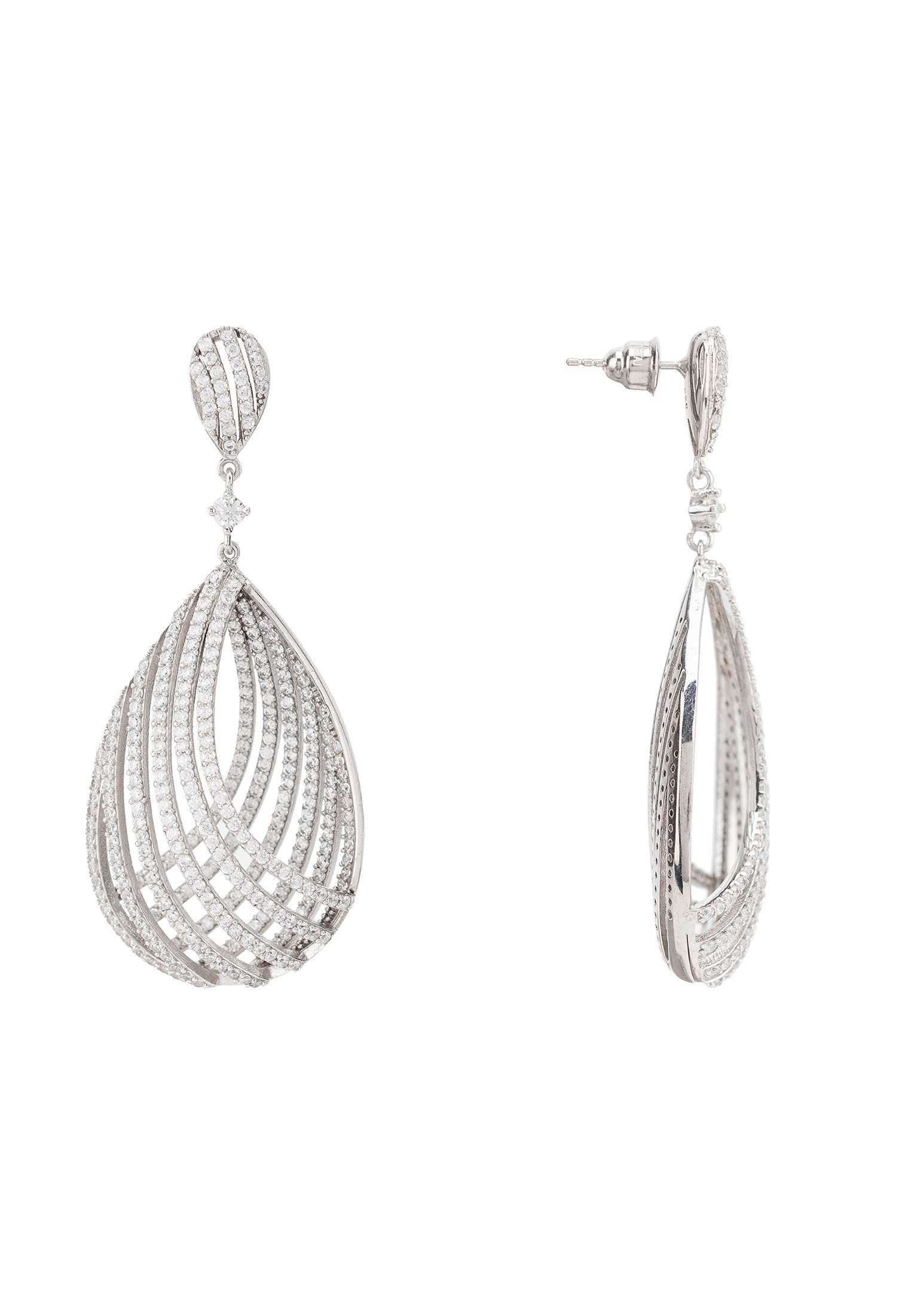 Elegant Vortex Teardrop Earrings in Silver with intricate design and sparkling zirconia detailing, perfect for special occasions.