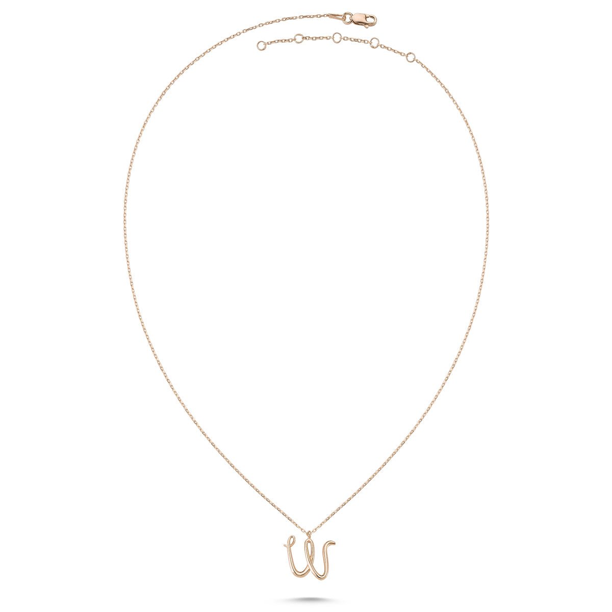 W Letter Mini Initial Silver Necklace featuring a flat 'W' pendant on a sterling silver chain with rose gold or rhodium plating.