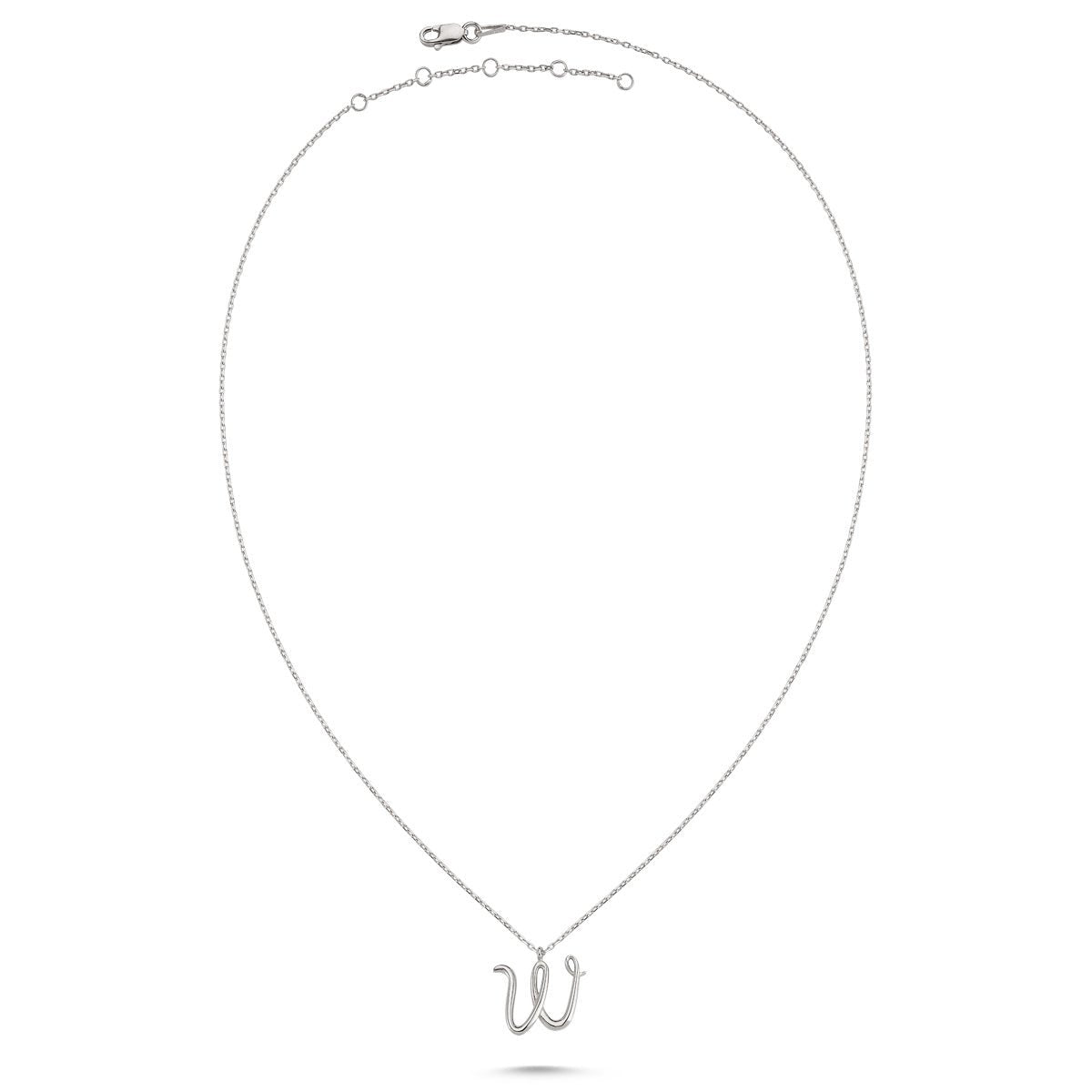 W Letter Mini Initial Silver Necklace featuring a flat 'W' pendant on a sterling silver chain with rose gold or rhodium plating.