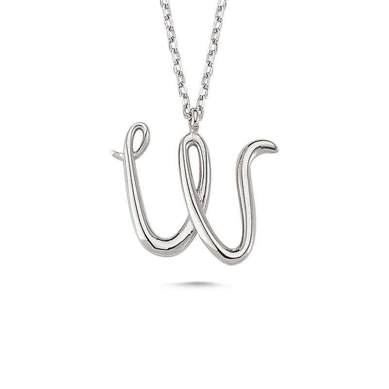 W Letter Mini Initial Silver Necklace featuring a flat 'W' pendant on a sterling silver chain with rose gold or rhodium plating.