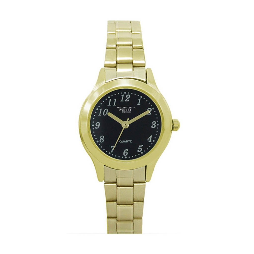 Wahiawa Milano Expressions Gold Metal Band Watch featuring a gold case and black dial, showcasing elegance and style.