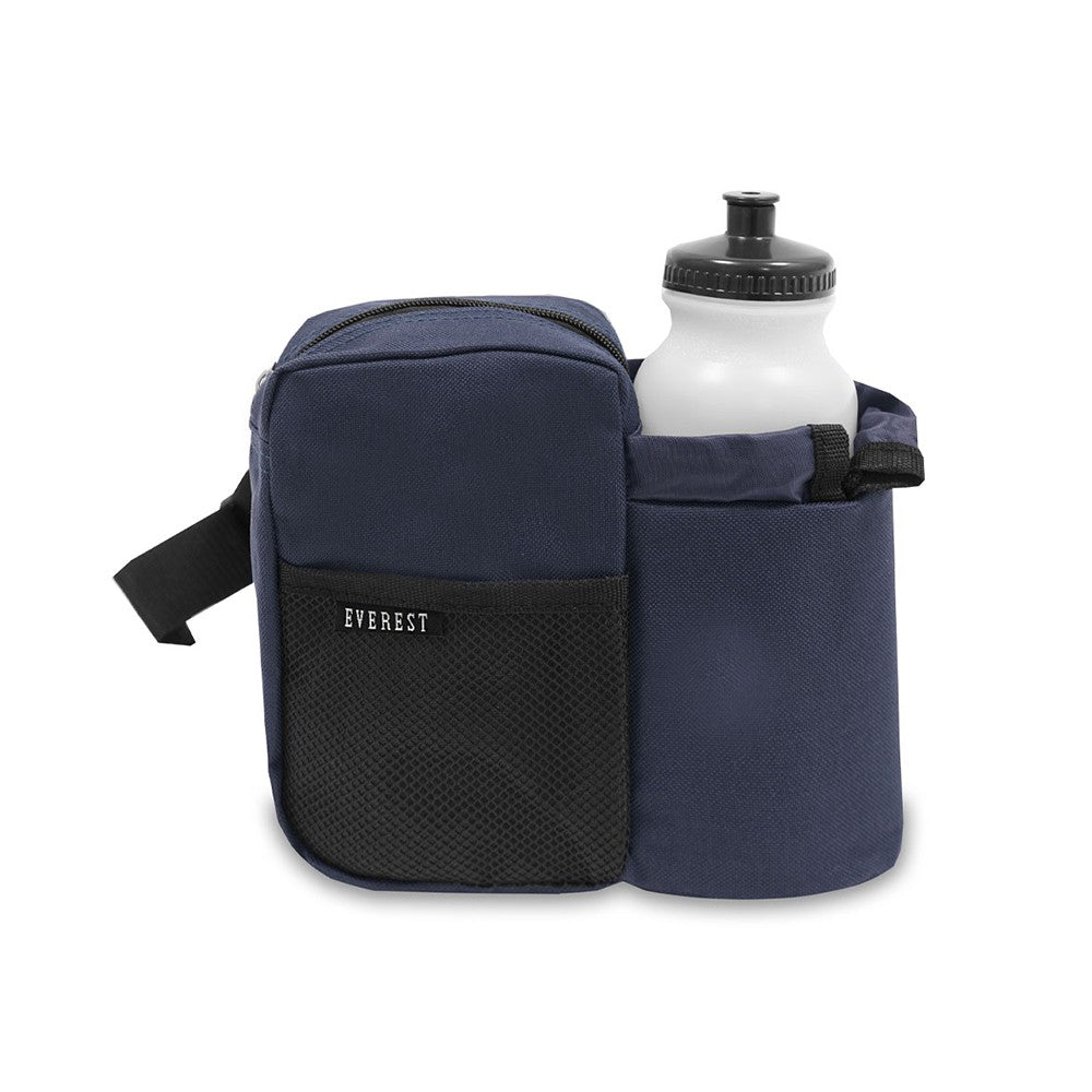 A waist bottle pack made of durable 600D polyester, featuring an insulated holder for a squeeze bottle, designed for hands-free hydration.