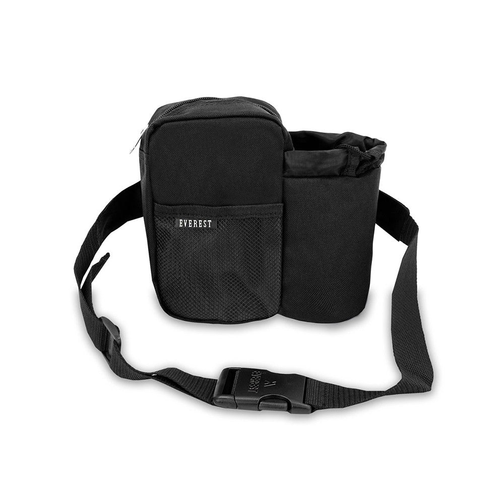 A waist bottle pack made of durable 600D polyester, featuring an insulated holder for a squeeze bottle, designed for hands-free hydration.