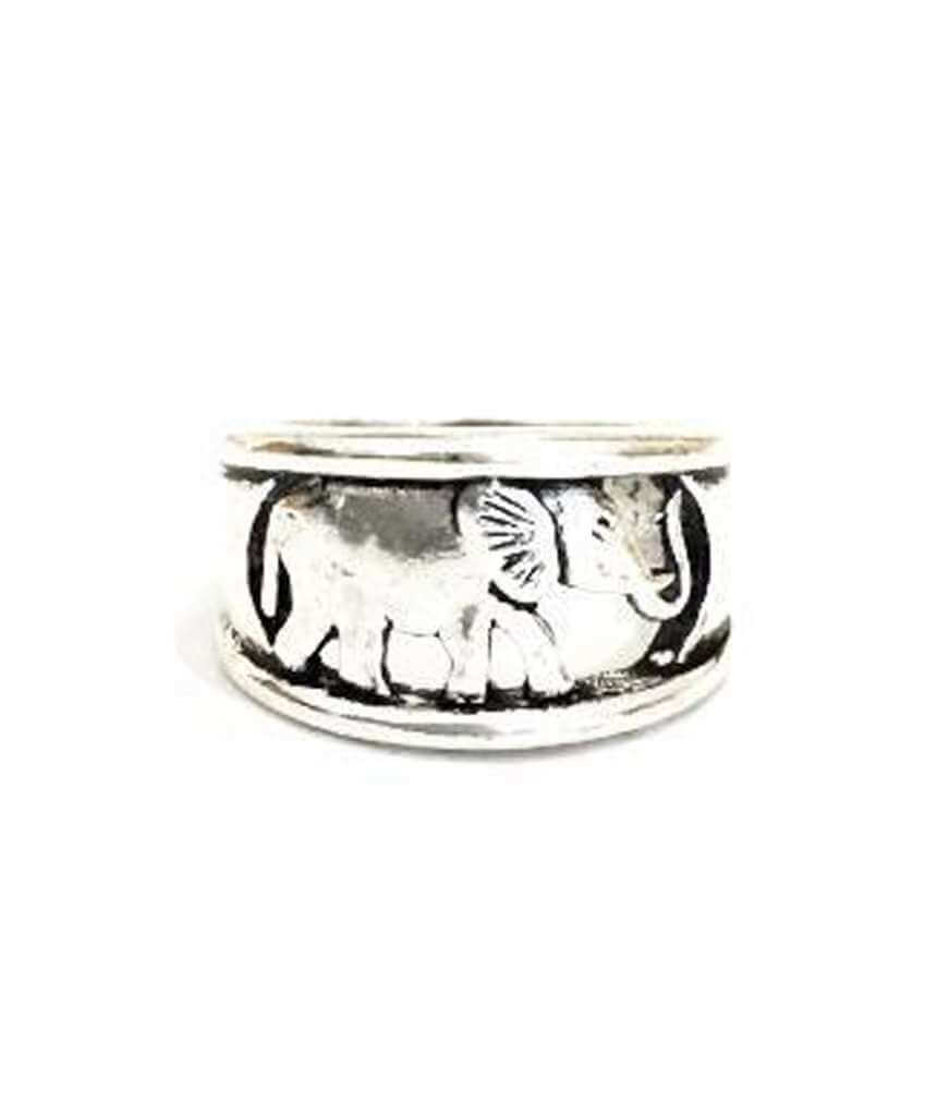 A beautifully crafted Walking With Elephants Ring made from brass and silver, showcasing intricate details and an adjustable design for all wearers.