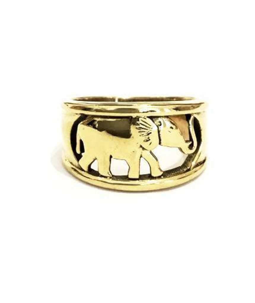 A beautifully crafted Walking With Elephants Ring made from brass and silver, showcasing intricate details and an adjustable design for all wearers.