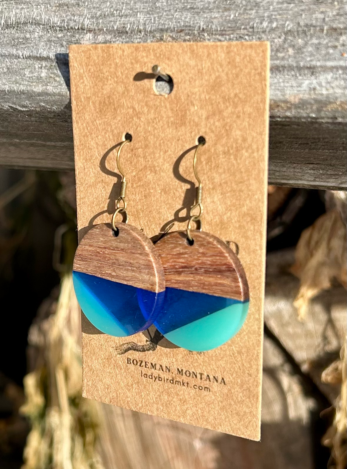 A pair of circle earrings made from walnut wood and blue resin, showcasing a geometric pattern and natural wood grain.