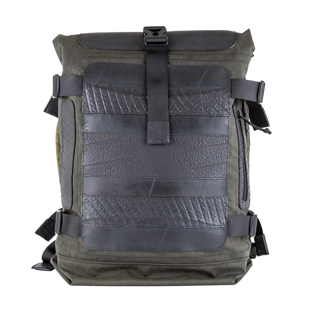 Water Resistant Roll Top Vegan Backpack made from recycled materials, featuring a roll-top closure and padded laptop compartment.