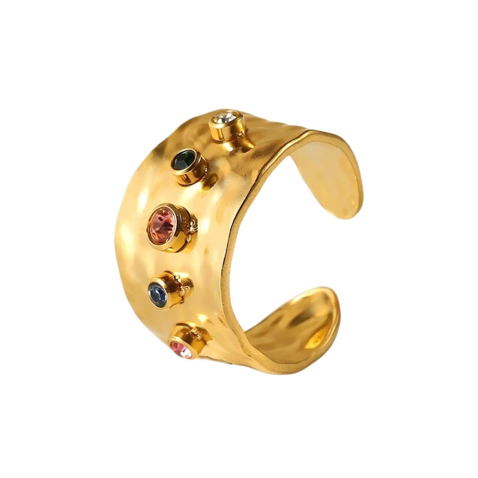 Waterproof Cleo 18k Gold Plated Adjustable Women's Ring featuring cubic zirconia inserts, crafted from stainless steel.