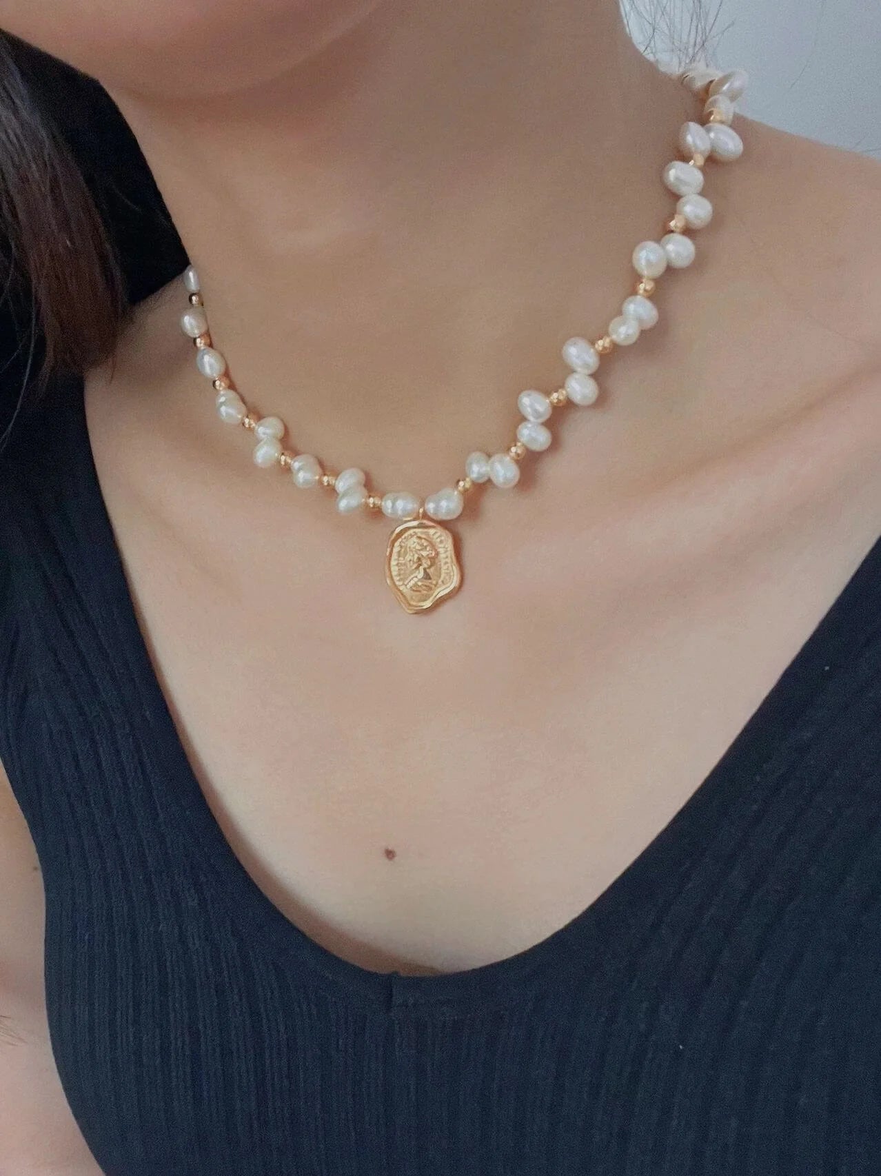 Wax Seal Queen Necklace featuring natural pearls and gold vermeil, elegantly designed with a unique pendant.