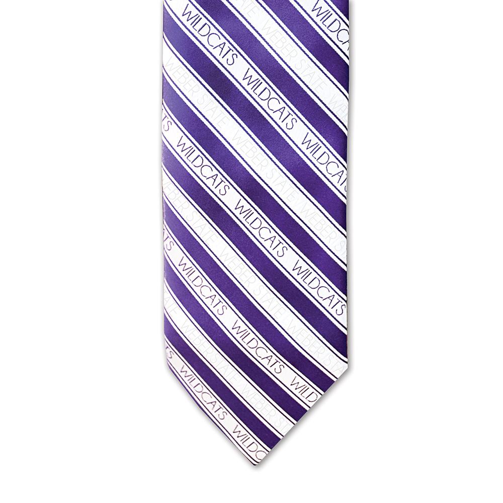 Weber State Boy's Tie featuring trendy stripes in vibrant colors, made from durable microfiber material.