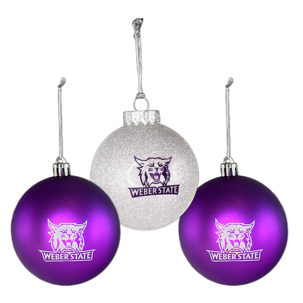 Weber State Bulb Ornament Set featuring 3-inch bulbs with screen printed logos in a clear box.