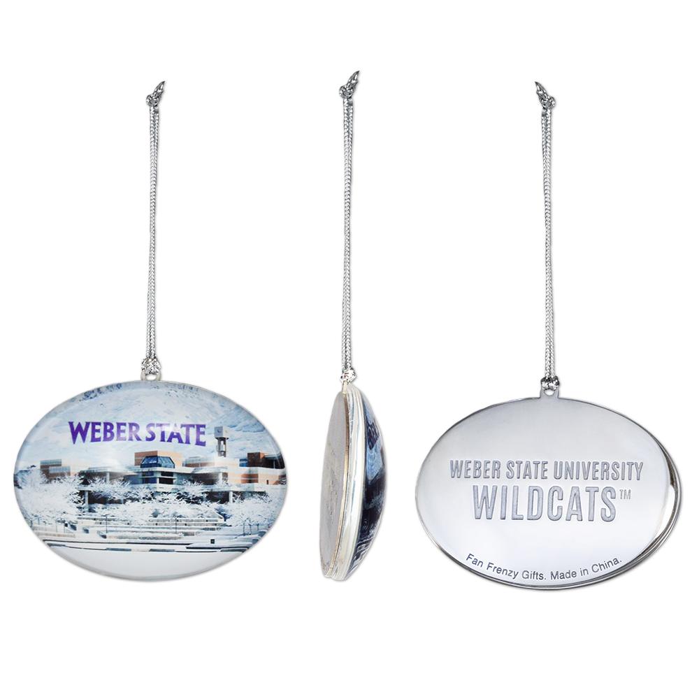 Weber State Campus Glass Ornament featuring detailed campus design, perfect for holiday decor.