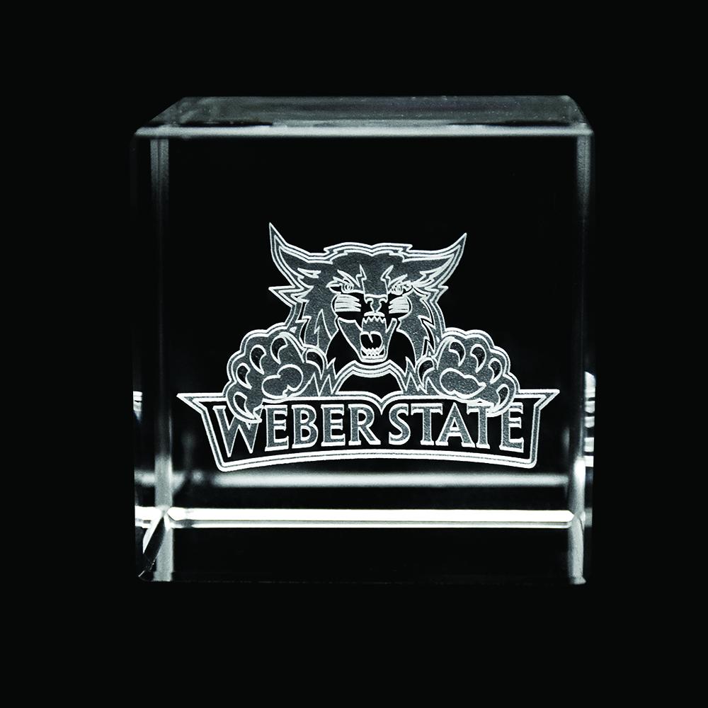 Weber State Wildcats Cube made of optical crystal featuring the Weber State logo inside, showcasing sharp cut angles.