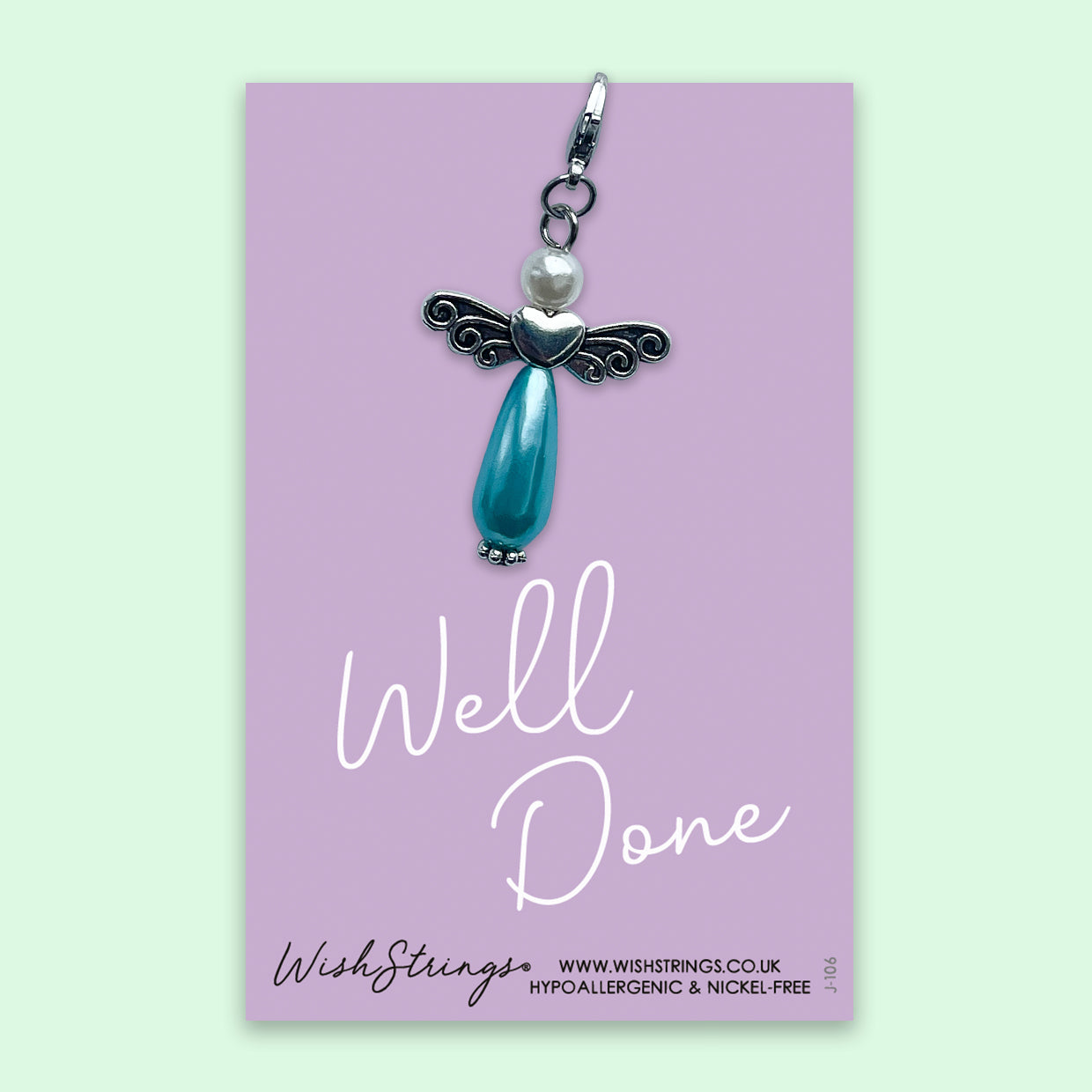 Well Done - Wish Angel Clip on a glossy card with inspirational design, presented in clear cellophane.