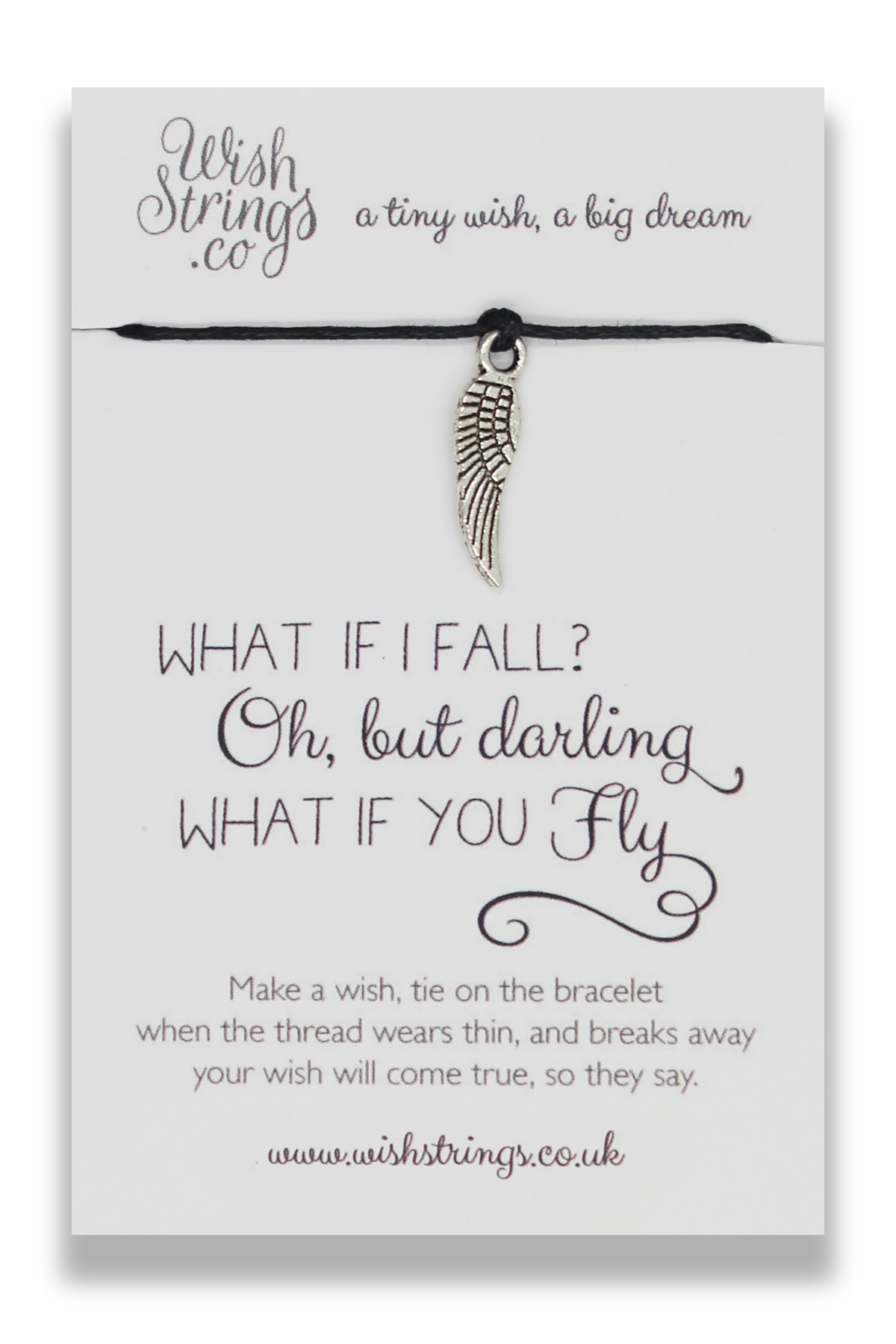 WHAT IF I FALL Wish Bracelet featuring a Tibetan Silver charm on a waxed cotton cord, beautifully presented on an inspirational display card.