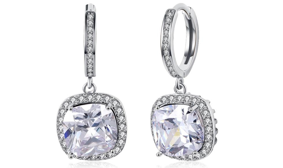 Elegant White Austrian Asscher Cut Dangling Lever Back Earrings in 14K White Gold, showcasing their brilliant sparkle and unique design.