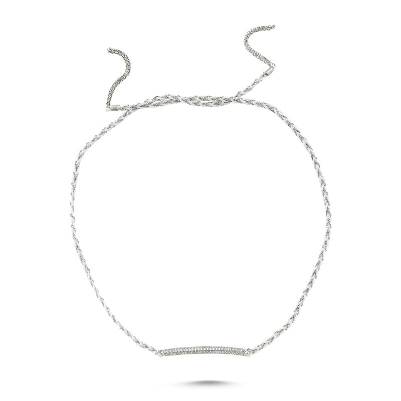 Elegant White Braided Adjustable Cord & String Necklace made of 925 Sterling Silver with CZ crystals, showcasing a stylish design.