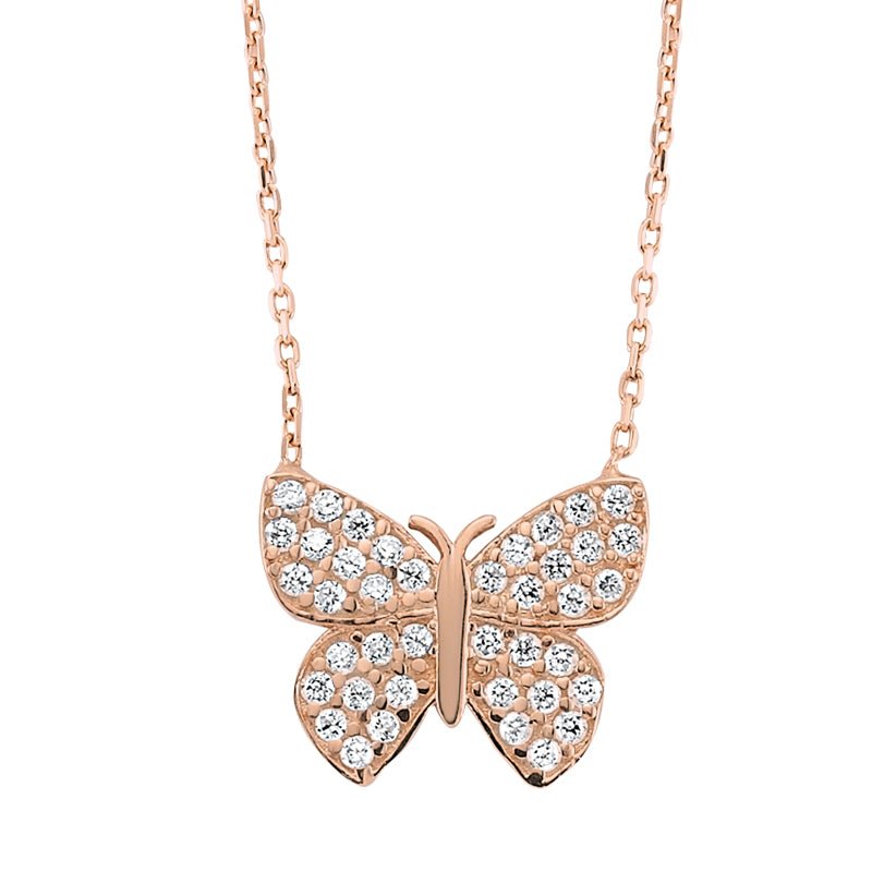 Elegant White Butterfly Silver Necklace with CZ crystal pendant, showcasing a delicate design and high-quality craftsmanship.