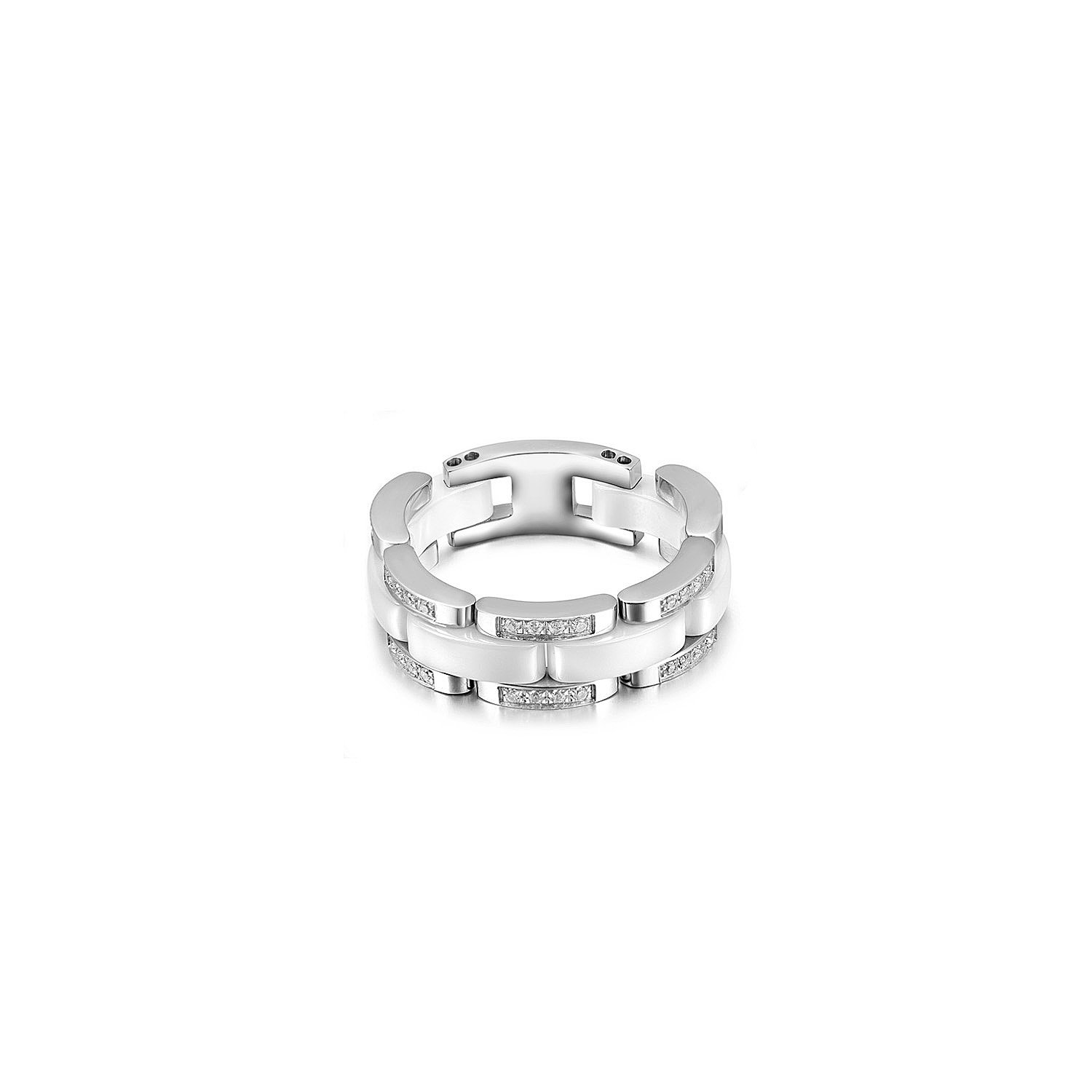 Elegant white ceramic ring with CZ stones option, displayed on a soft background.