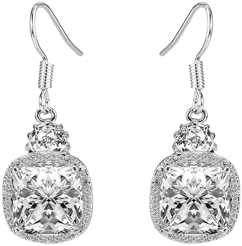 Elegant White Classic Cushion Cut Drop Earrings in 14K White Gold Plating, featuring a beautiful lab-created white stone.