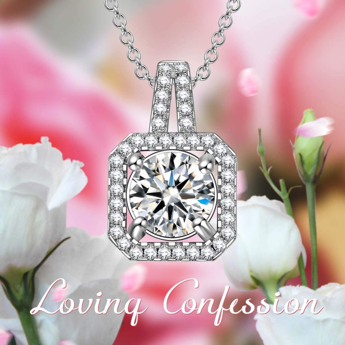 Elegant White Crystal Asscher Cut Pave Pendant Necklace in 14K white gold plated brass with an 18.5-inch link chain.