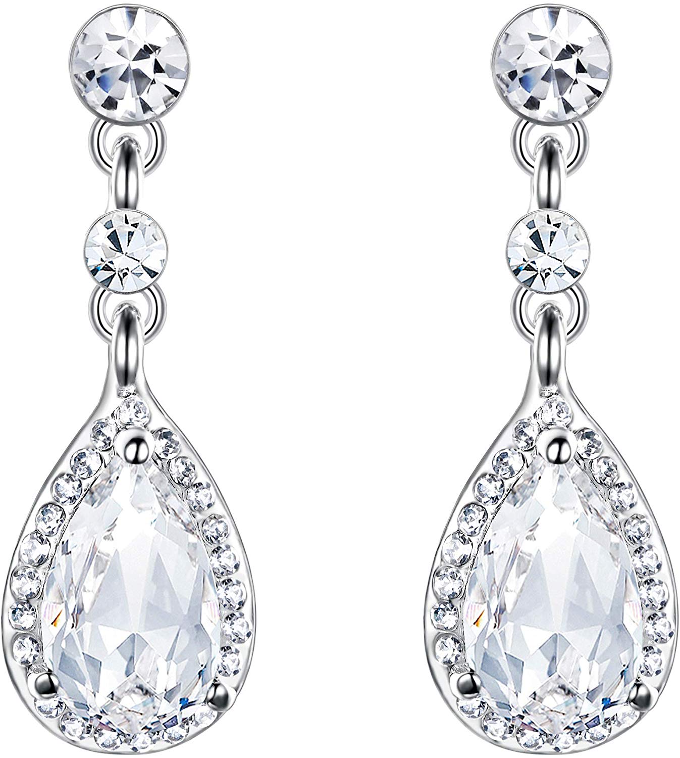 Elegant white crystal chandelier teardrop earrings with pear cut crystals and 14K white gold plating, perfect for special occasions.