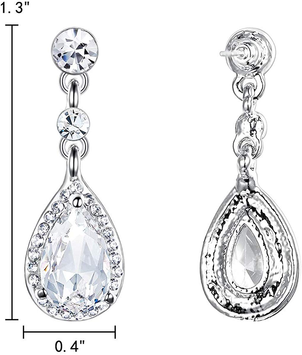 Elegant white crystal chandelier teardrop earrings with pear cut crystals and 14K white gold plating, perfect for special occasions.