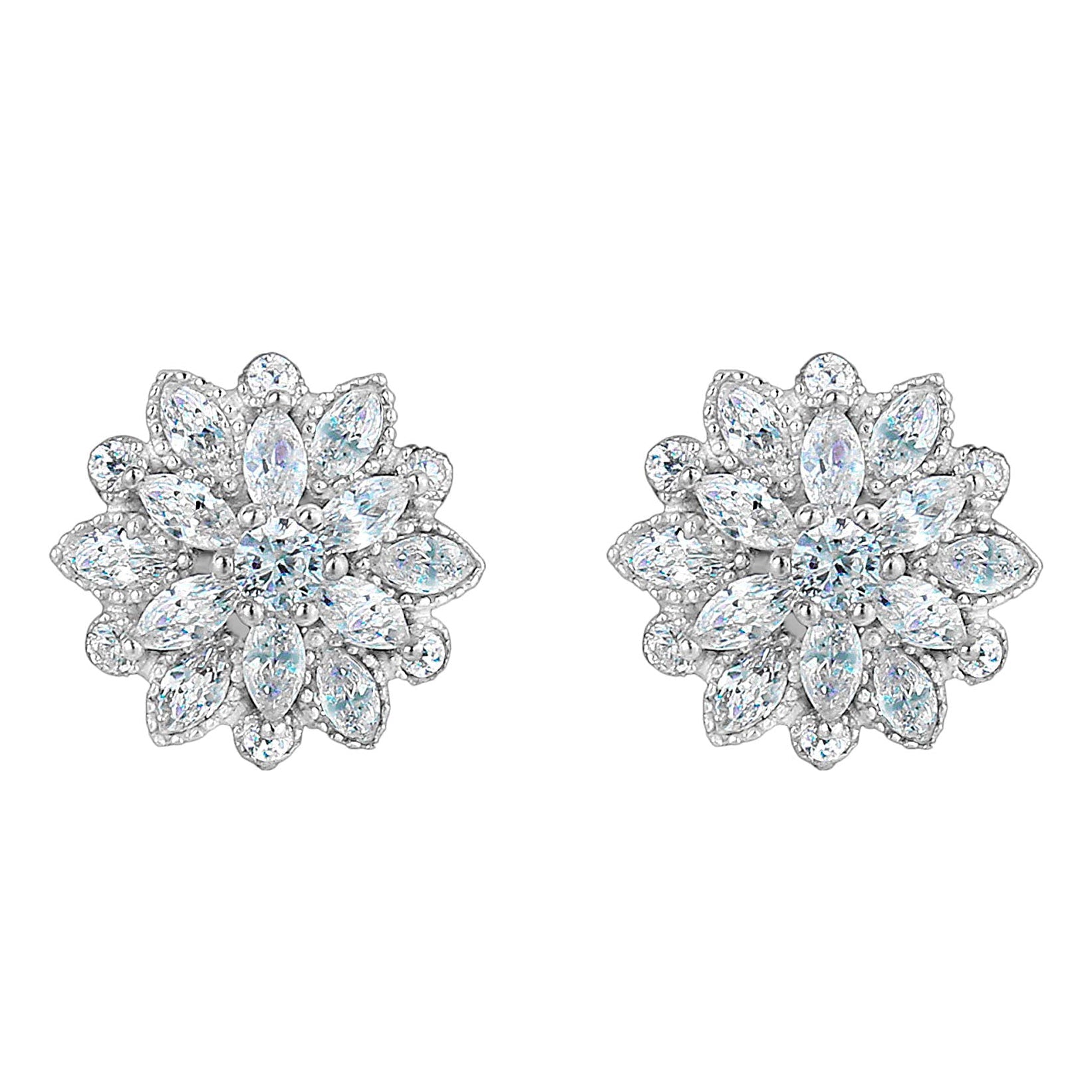 Elegant White Crystal Flower Earrings featuring AAAAA princess-cut crystals set in 14K white gold plating.