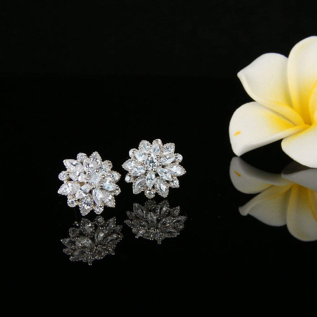 Elegant White Crystal Flower Earrings featuring AAAAA princess-cut crystals set in 14K white gold plating.