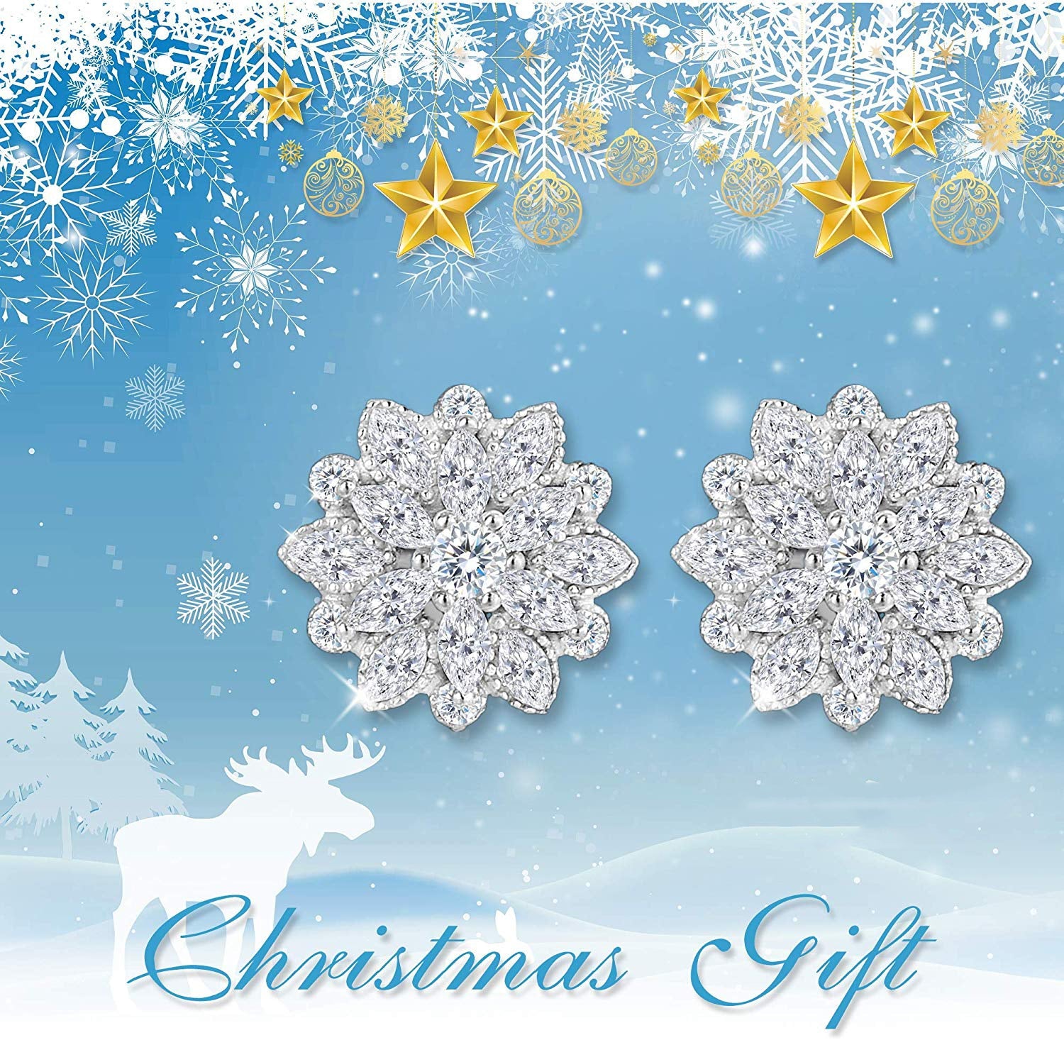 Elegant White Crystal Flower Earrings featuring AAAAA princess-cut crystals set in 14K white gold plating.