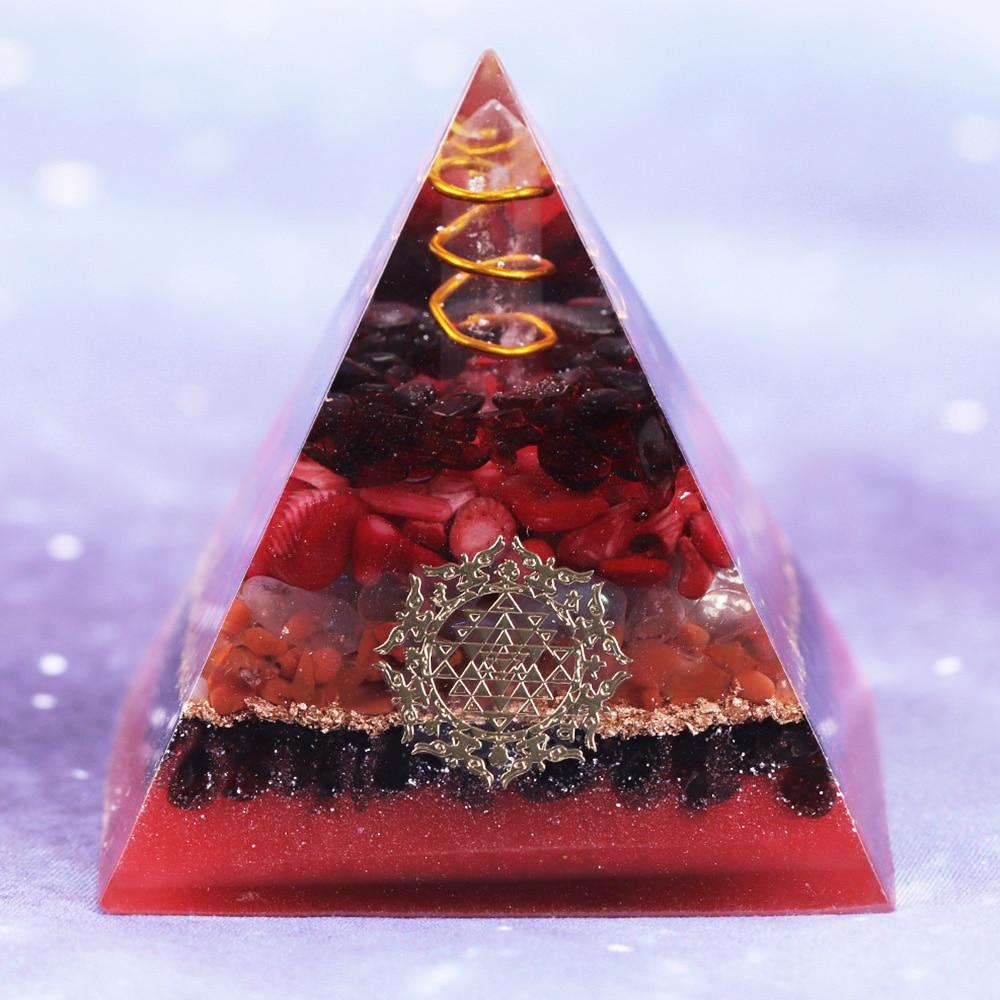 White Crystal Pillar Orgonite Pyramid featuring garnet and red coral, designed for EMF protection and energy healing.