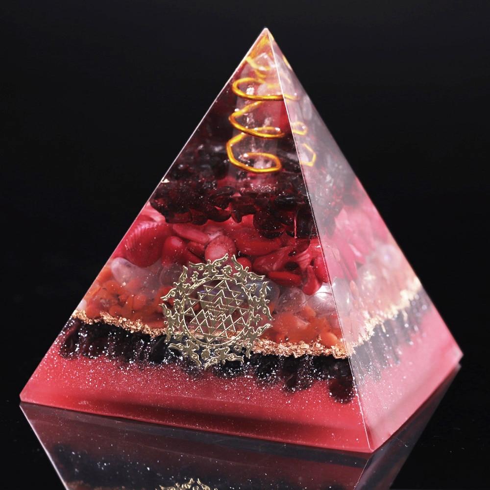 White Crystal Pillar Orgonite Pyramid featuring garnet and red coral, designed for EMF protection and energy healing.