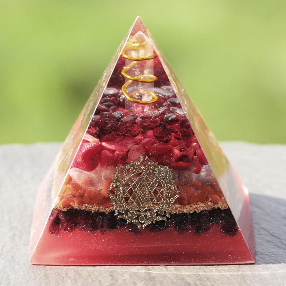 White Crystal Pillar Orgonite Pyramid featuring garnet and red coral, designed for EMF protection and energy healing.