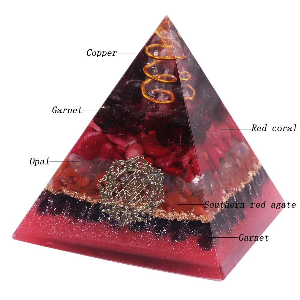 White Crystal Pillar Orgonite Pyramid featuring garnet and red coral, designed for EMF protection and energy healing.