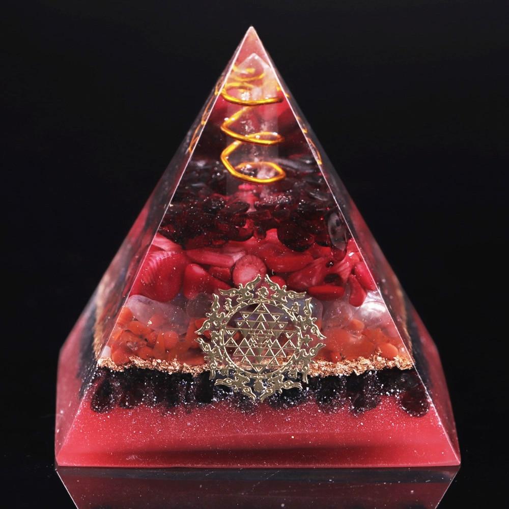 White Crystal Pillar Orgonite Pyramid featuring garnet and red coral, designed for EMF protection and energy healing.