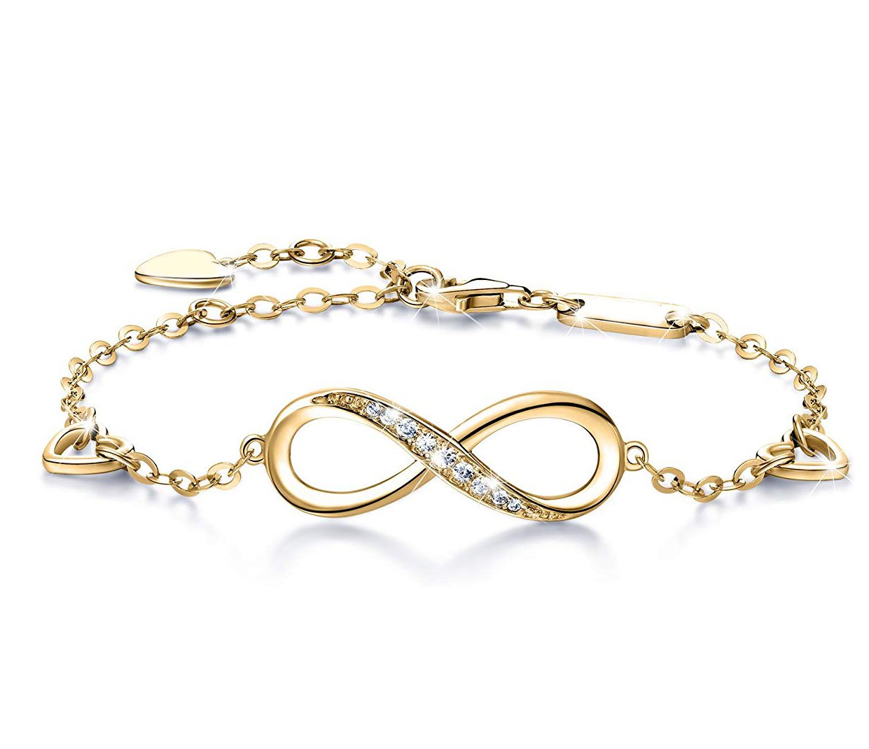 Elegant White Elements Infinite Pendant Chain Bracelet featuring 14K gold plating and a stunning infinity pendant with white elements.