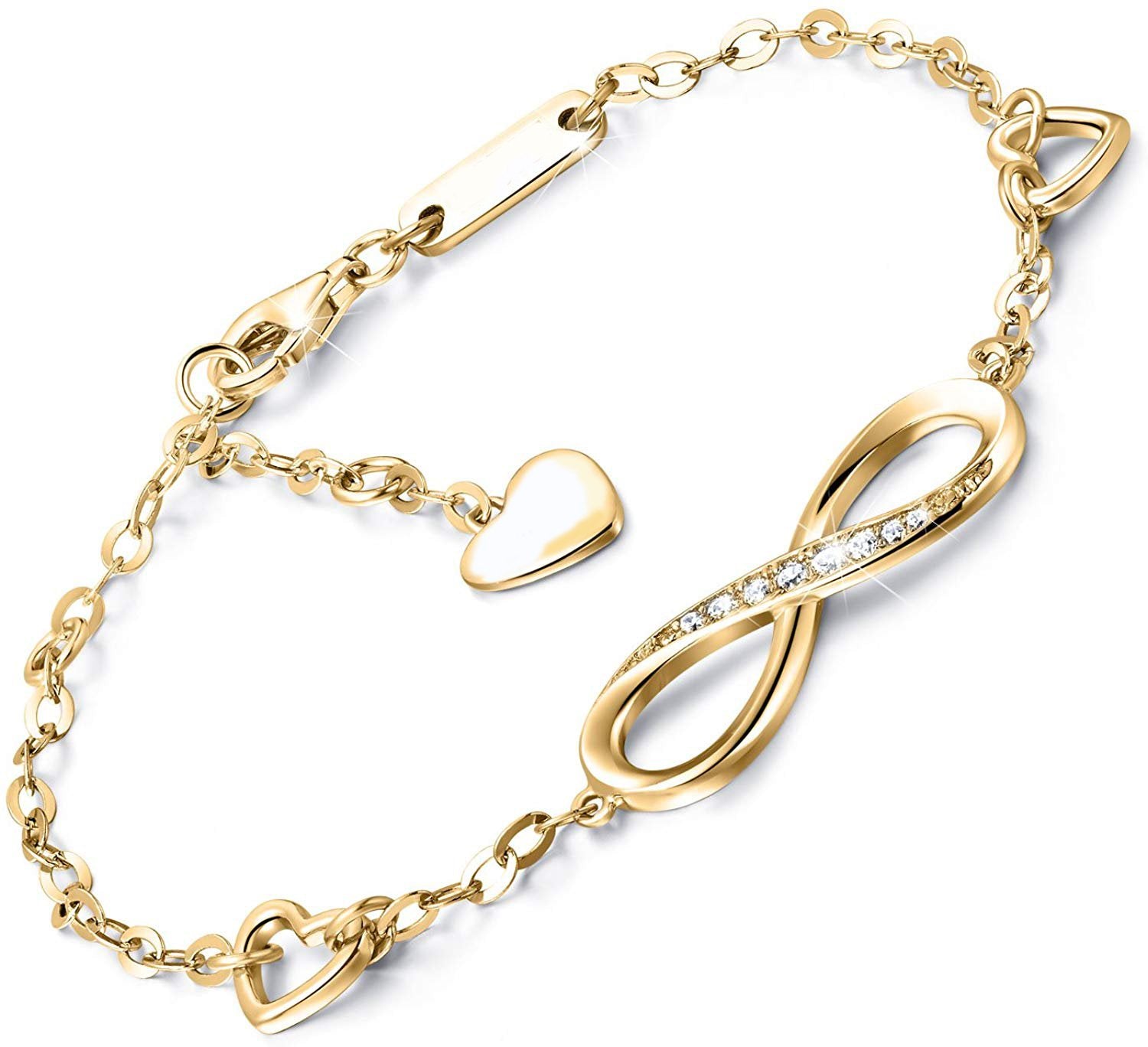 Elegant White Elements Infinite Pendant Chain Bracelet featuring 14K gold plating and a stunning infinity pendant with white elements.